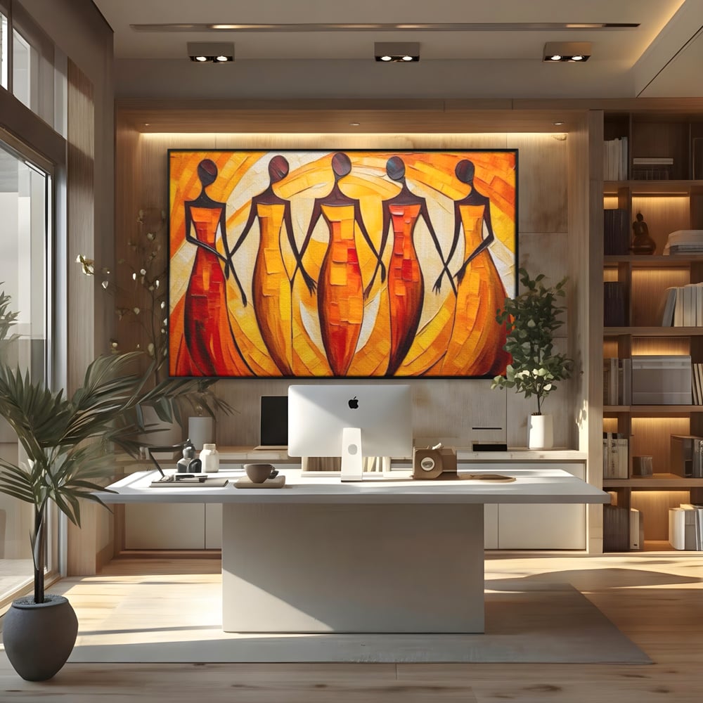 Tablou canvas cu pictura abstracta cu cinci femei stilizate, in rama de aluminiu negru, pe perete intr-un birou